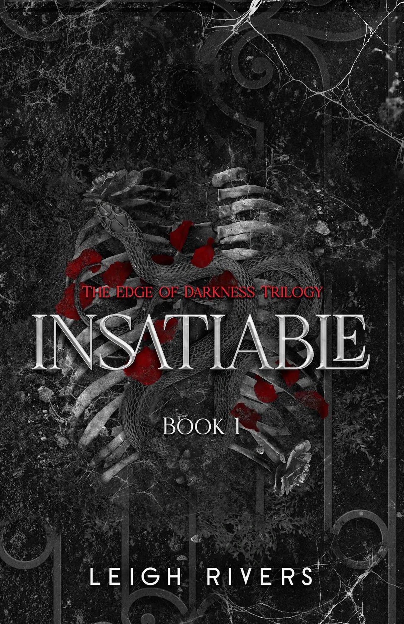 Book cover of 'Insatiable' with a gothic design of ribs with a snake around them 
