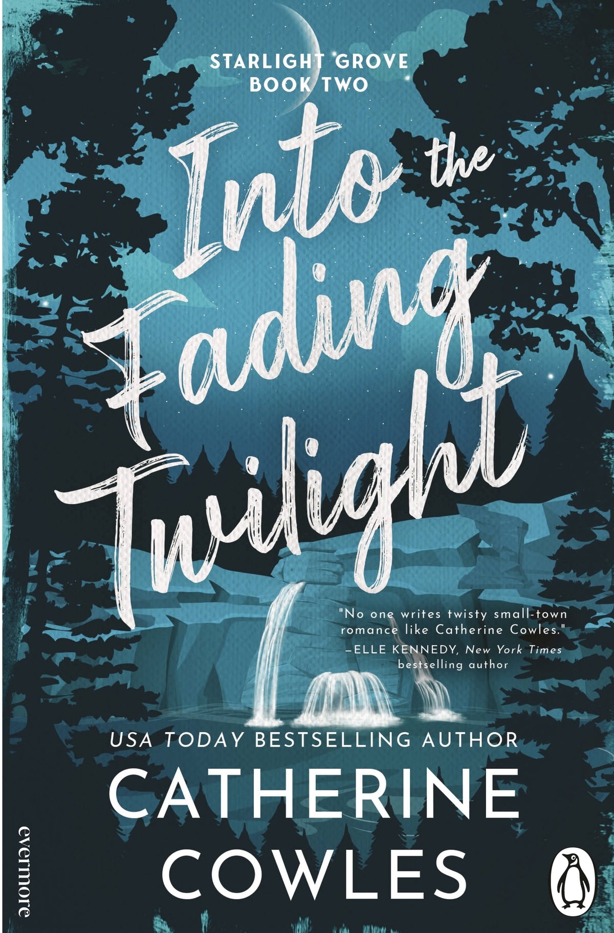 Book cover of 'Into the Fading Twilight' by Catherine Cowles with a forest, waterfall and moon background.