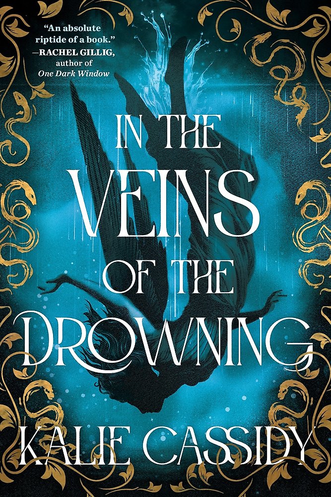 Book cover of 'In the Veins of the Drowning' with the silhouette of a woman with wings in the water