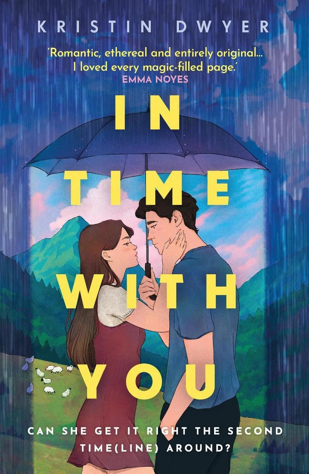 Book cover of 'In Time With You' with a couple standing in the rain under an umbrella 
