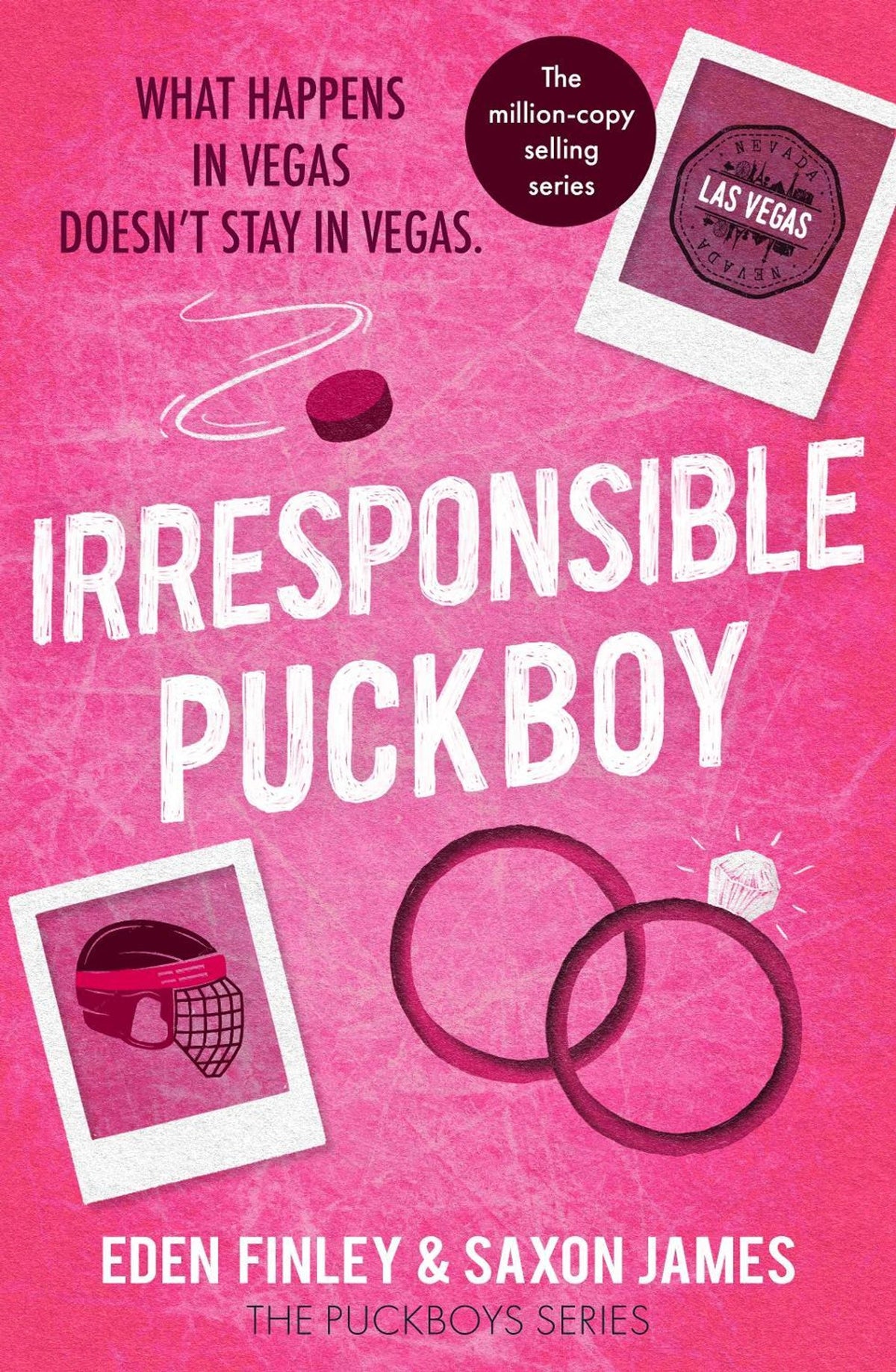 Book cover of 'Irresponsible Puckboy' with pink background and hockey-themed illustrations.