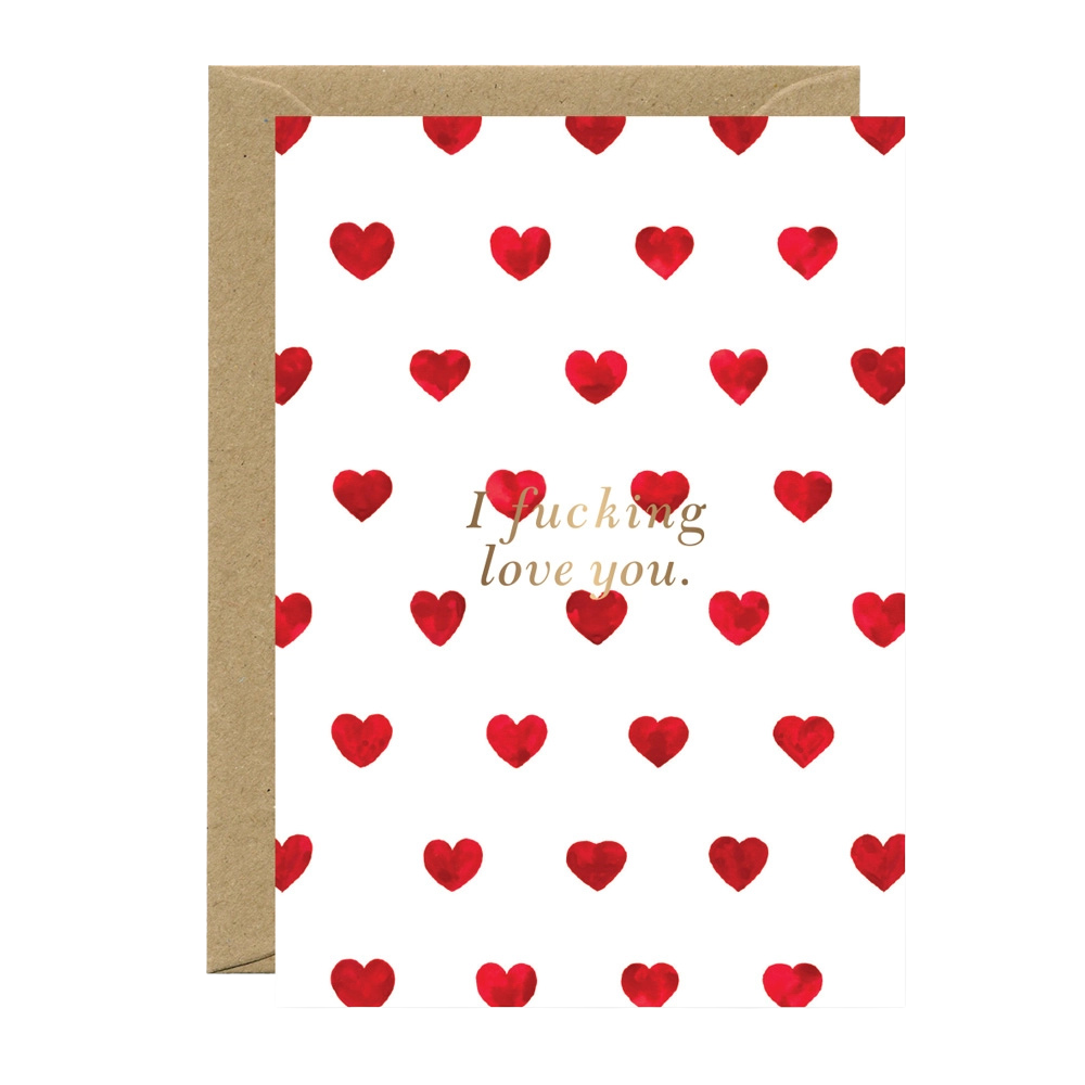 Card with red heart pattern and 'I fucking love you' text on a white background