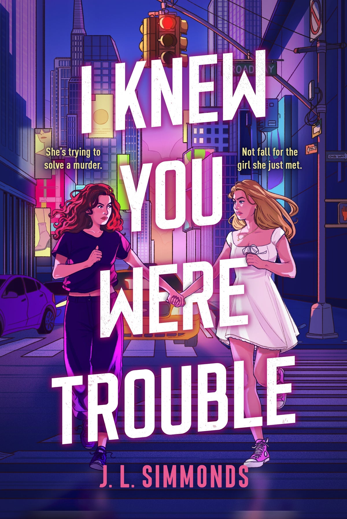 Book cover of 'Knew You Were Trouble' with two women walking on a city street at night.