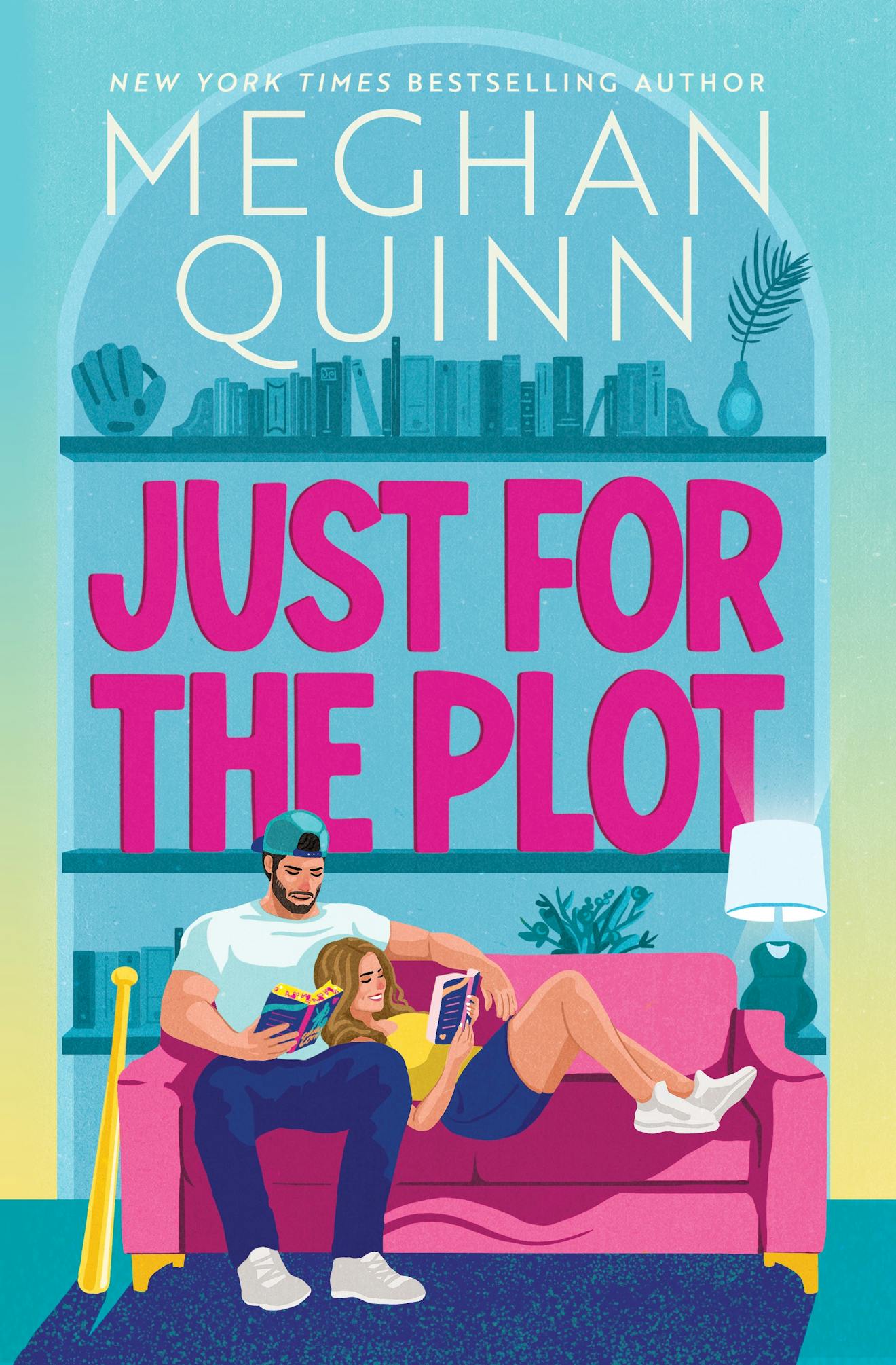 Book cover of 'Just for the Plot' featuring a couple on a couch reading books