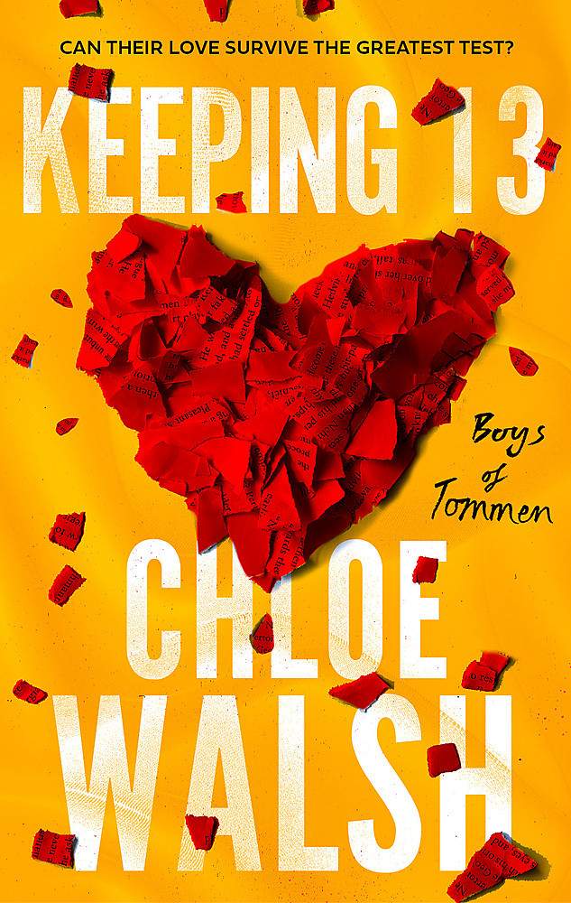 Book cover of 'Keeping 13' with a heart made up from ripped red paper on a yellow background 