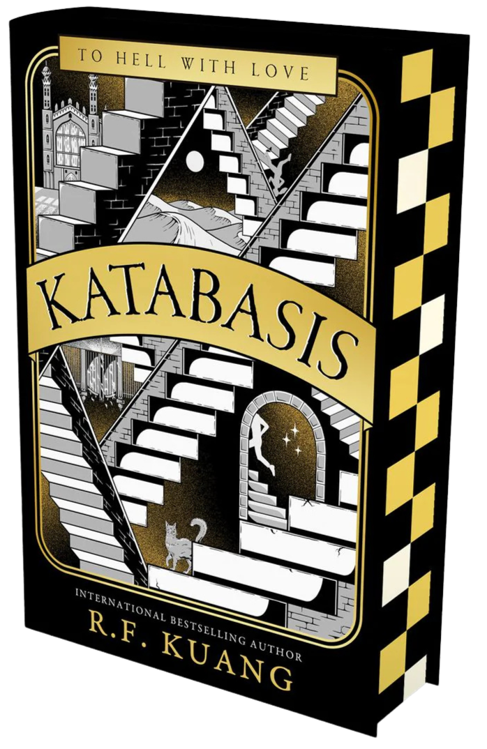 Book cover of &#39;Katabasis&#39; by R.F. Kuang with black, white, and gold design.