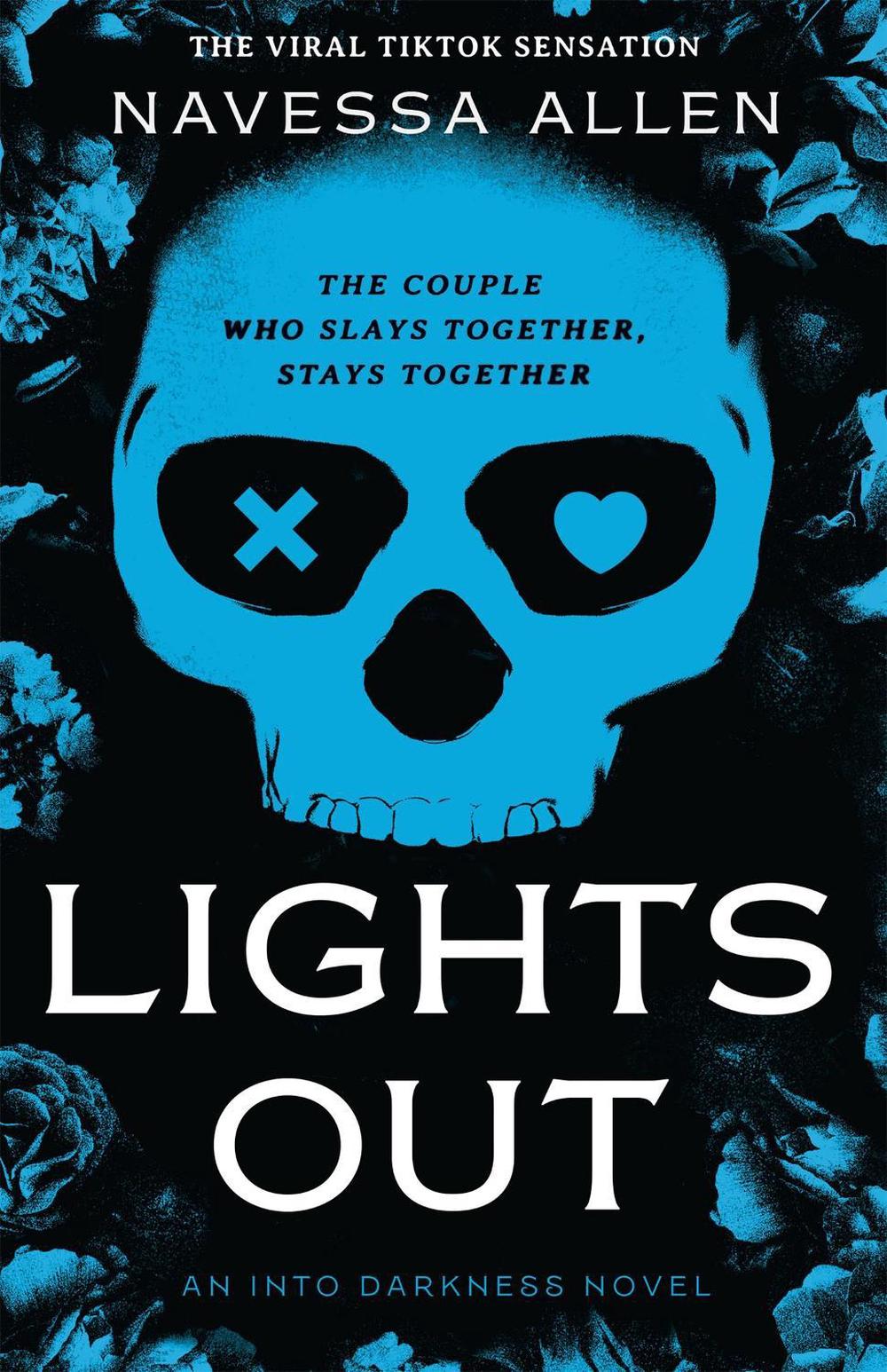 Book cover of 'Lights Out' featuring a blue skull drawing on a black background with blue flowers 