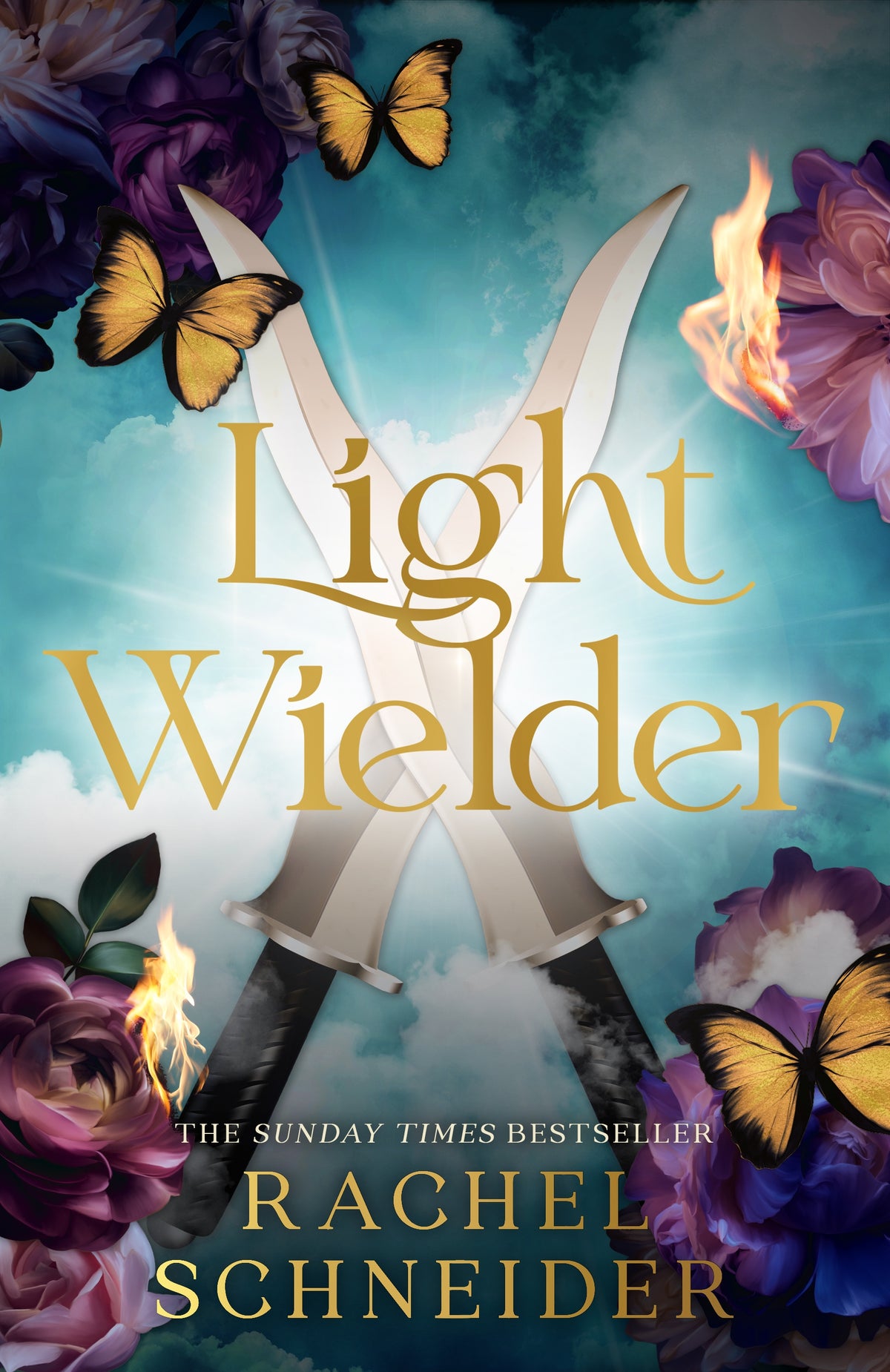 Book cover of 'Light Wielder' with swords, flowers, and butterflies.