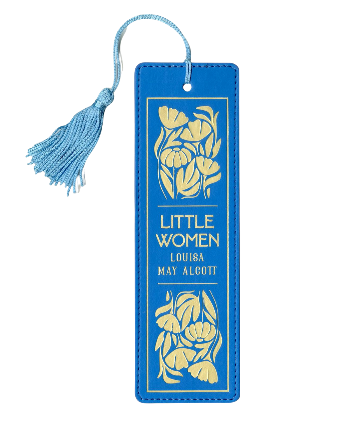 Blue bookmark with floral design and 'Little Women'.