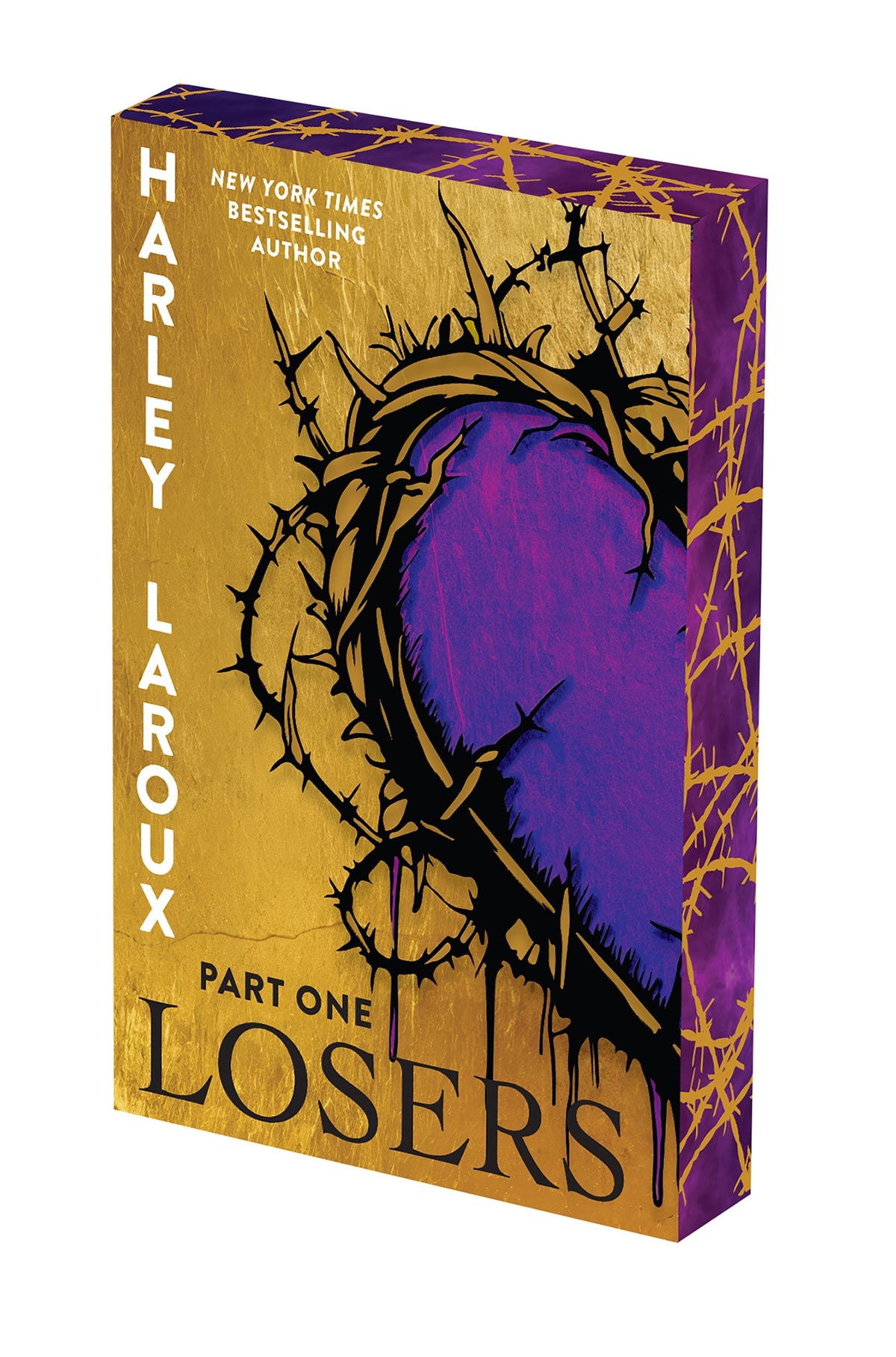 Book cover of 'Losers' by Harley Larroux with purple heart and barbed wire design on a brown background.