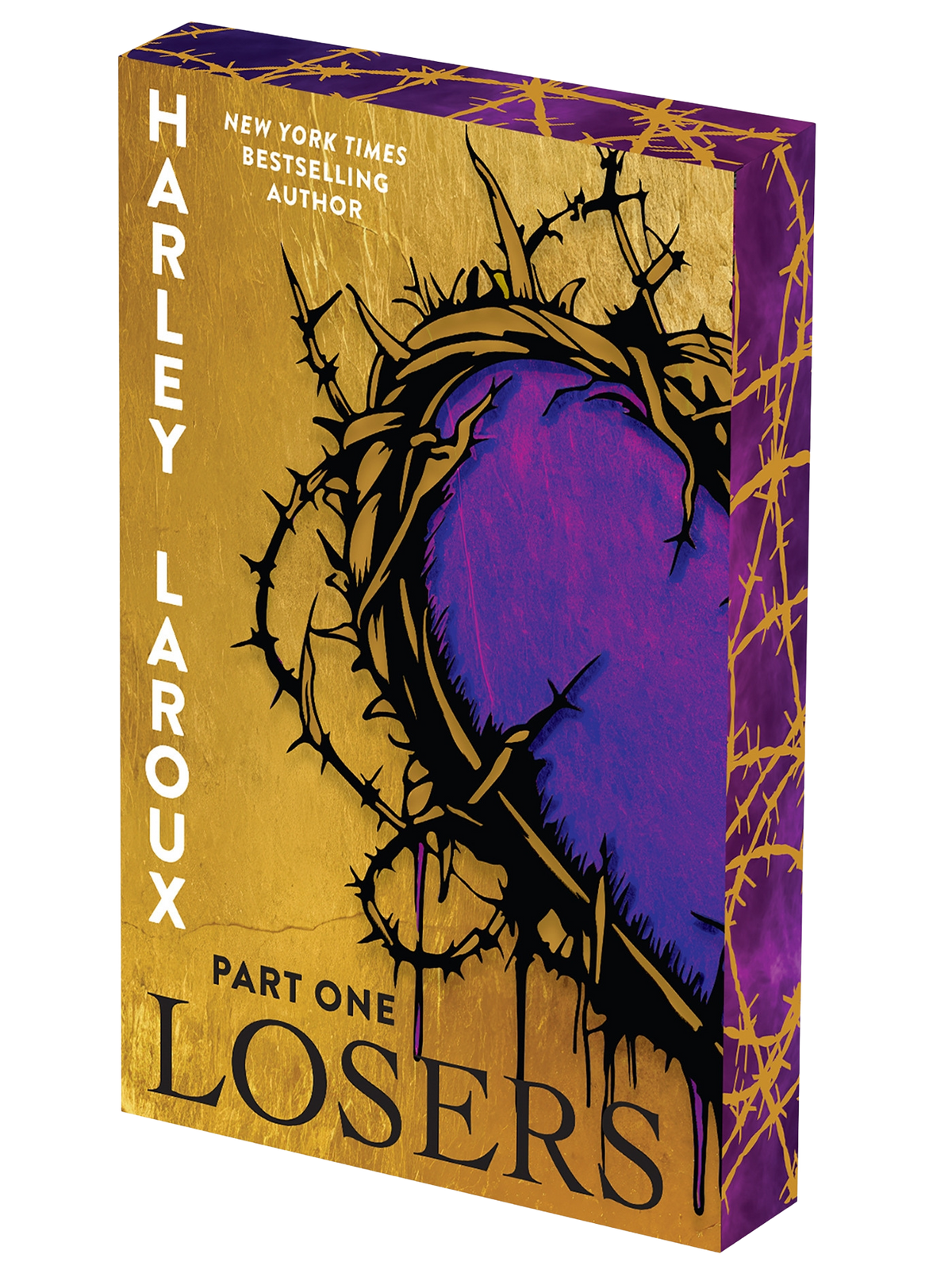 Book cover of 'Losers: Part One' featuring a gold background with a purple heart wrapped in barbed wire