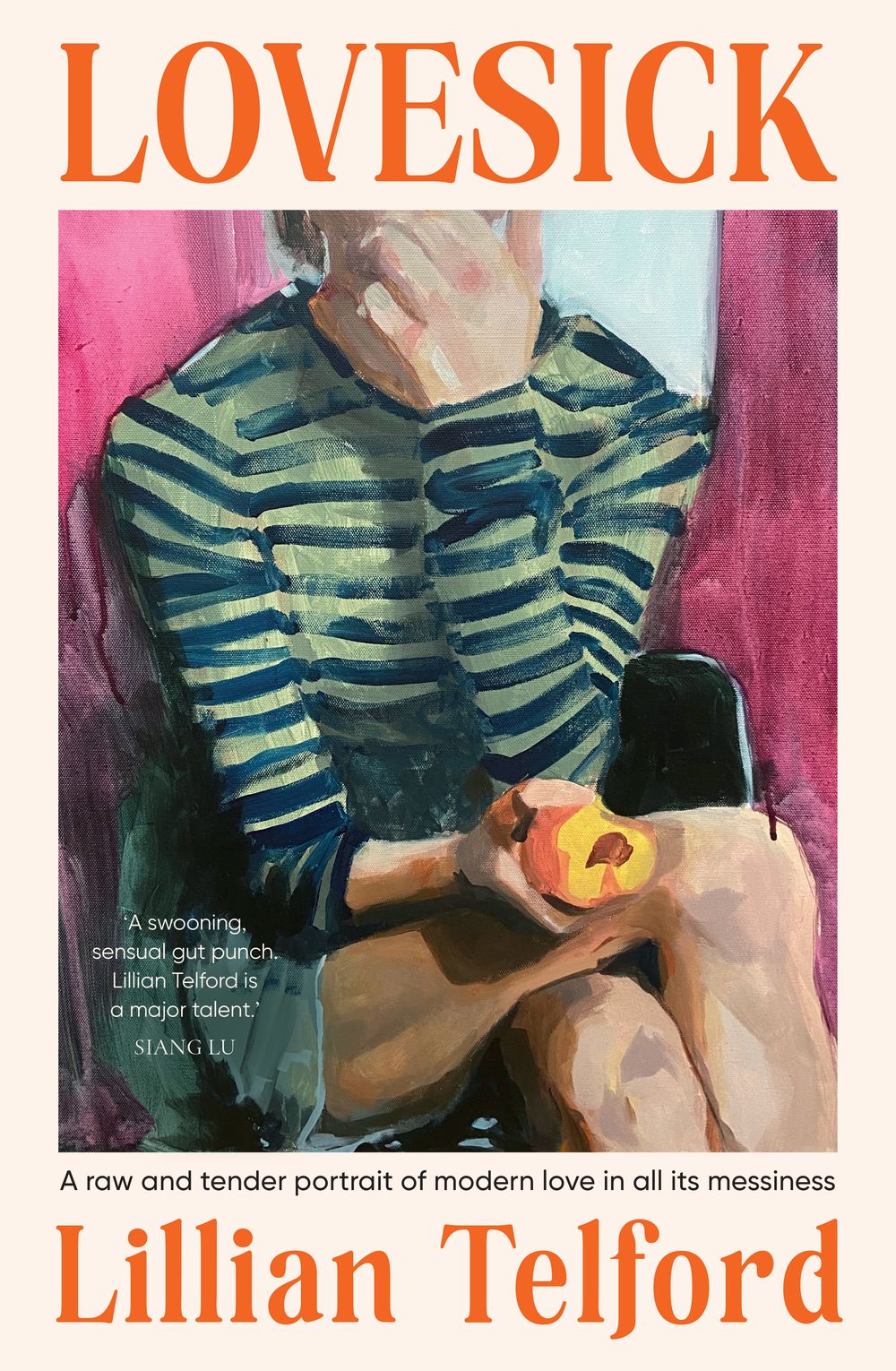 Book cover of 'Lovesick' featuring a painted portrait of a woman holding a peach