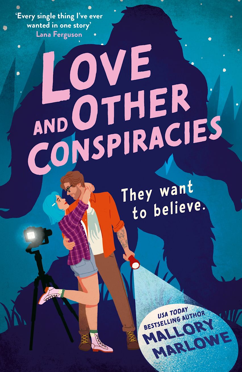 Book cover of 'Love and Other Conspiracies' with a silhouette of a large creature and two people with flashlights.