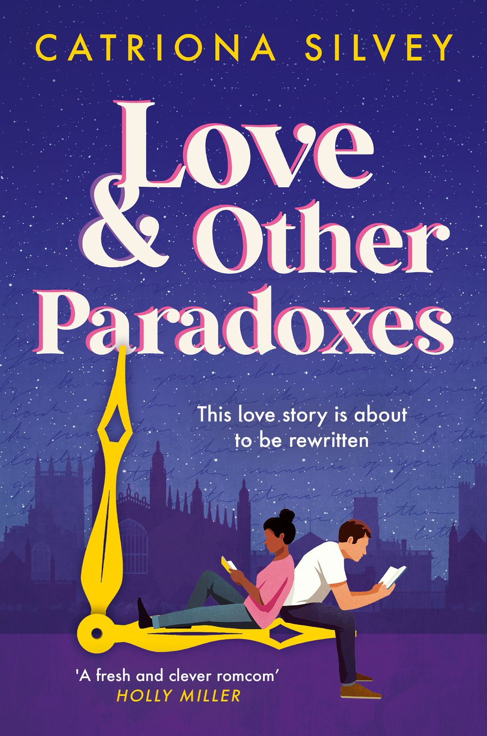 The cover of the book 'Love and Other Paradoxes' featuring an illustration of a man and a woman sitting close, with a cityscape in the background and a large clock hand.