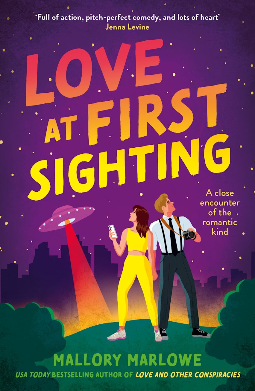 Book cover of 'Love at First Sighting' with a purple background, UFO, and two people.