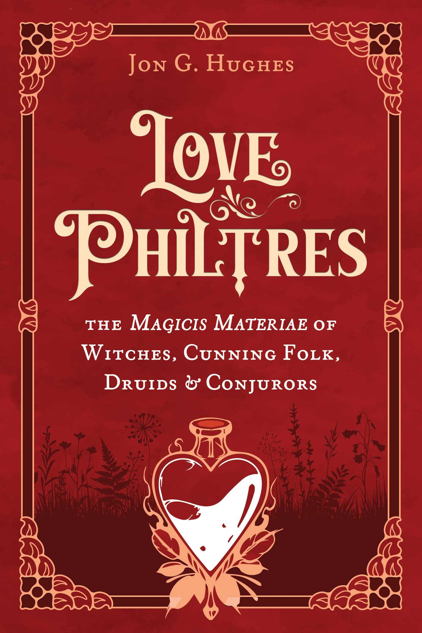 Book cover of 'Love Philtres' with a heart-shaped potion bottle on a red background