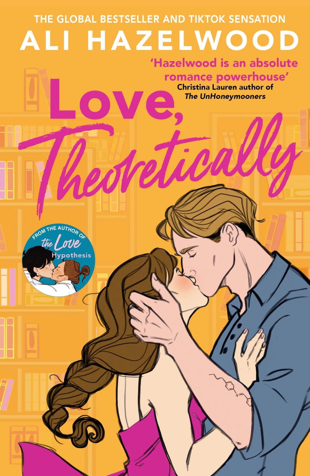 Book cover of 'Love Theoretically' featuring a couple kissing in a library