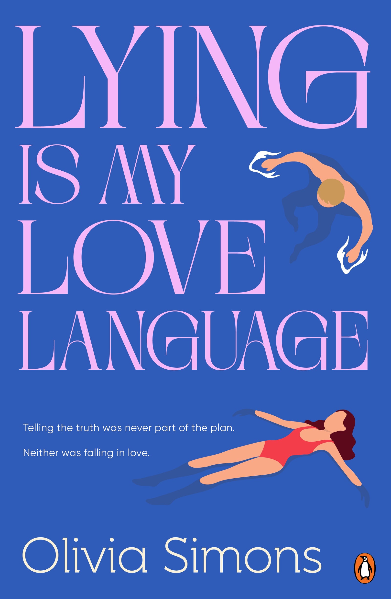 Book cover of 'Lying is My Love Language' featuring illustrations of a couple swimming in the blue background