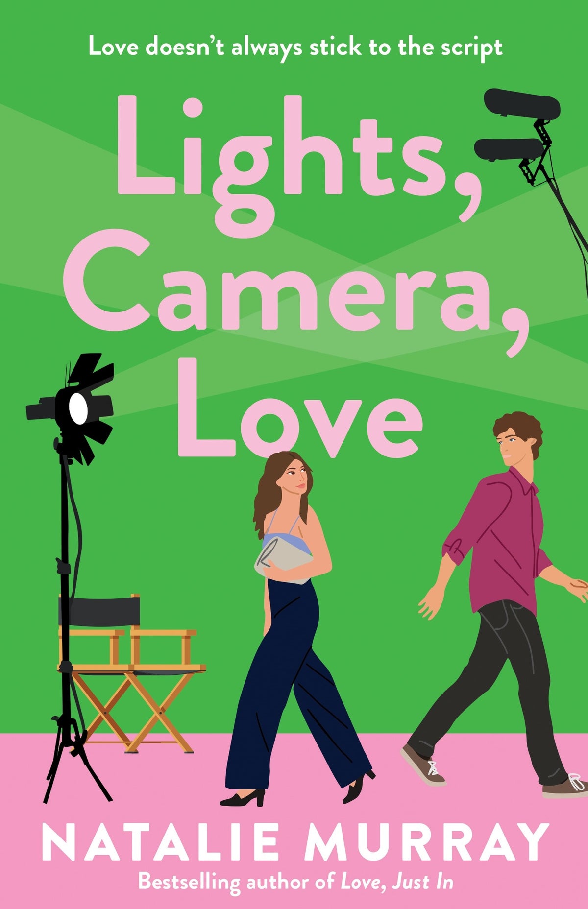 Book cover of &#39;Lights, Camera, Love&#39; with a green background and text.