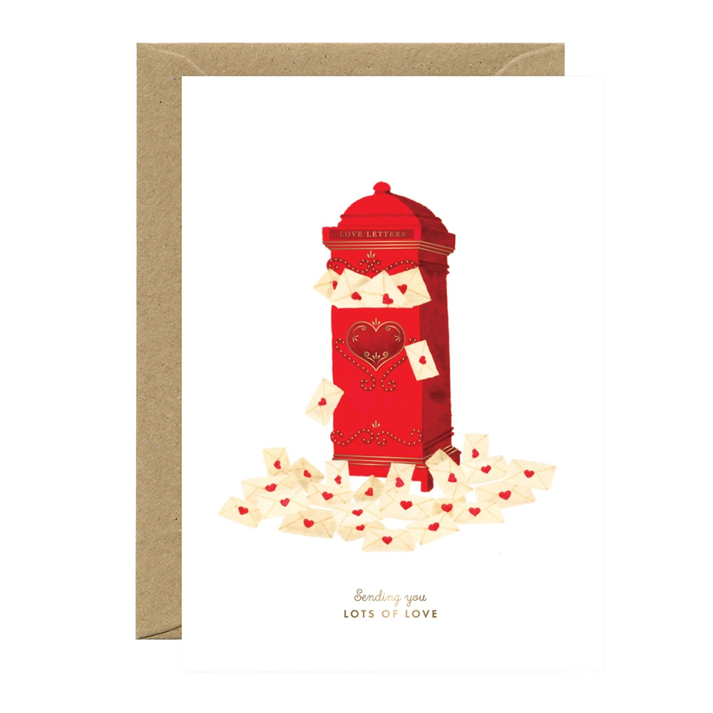 Greeting card with a red mailbox and heart-shaped cards on a white background