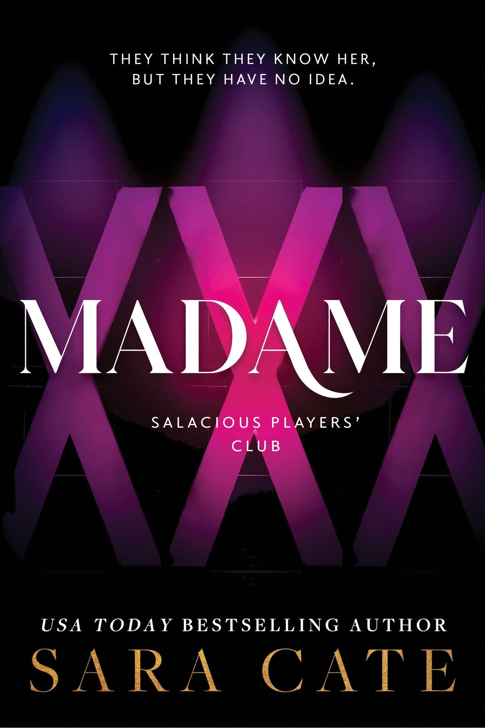 The cover of the book 'Madame' from the Salacious Players Club series features a purple and black design with stylized text and the author's name, Sara Cate, prominently displayed.