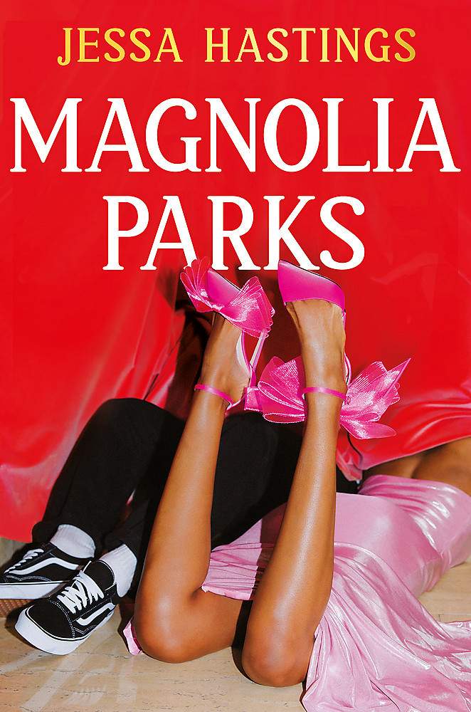 Book cover of 'Magnolia Parks' with a couple lying underneath a red cloth 