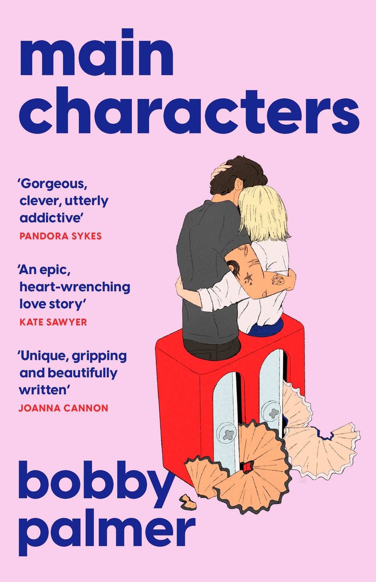 Book cover of 'Main Characters' by Bobby Palmer with a couple embracing in a pencil sharpener.