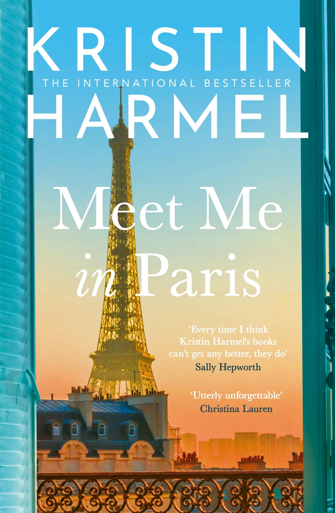 Book cover of 'Meet Me in Paris' with a window looking over the Eiffel Tower