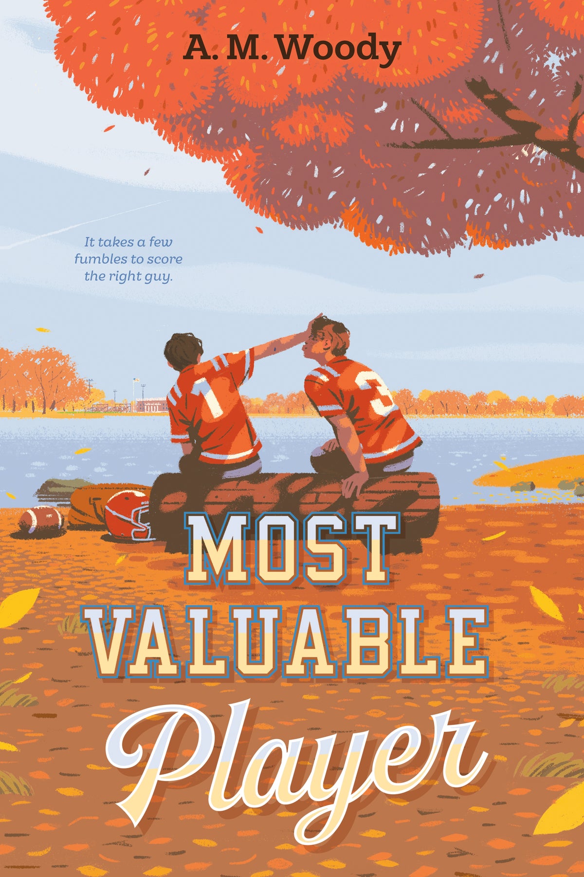 Book cover of 'Most Valuable Player' by A. M. Woody, featuring two characters on a log with an autumn setting.