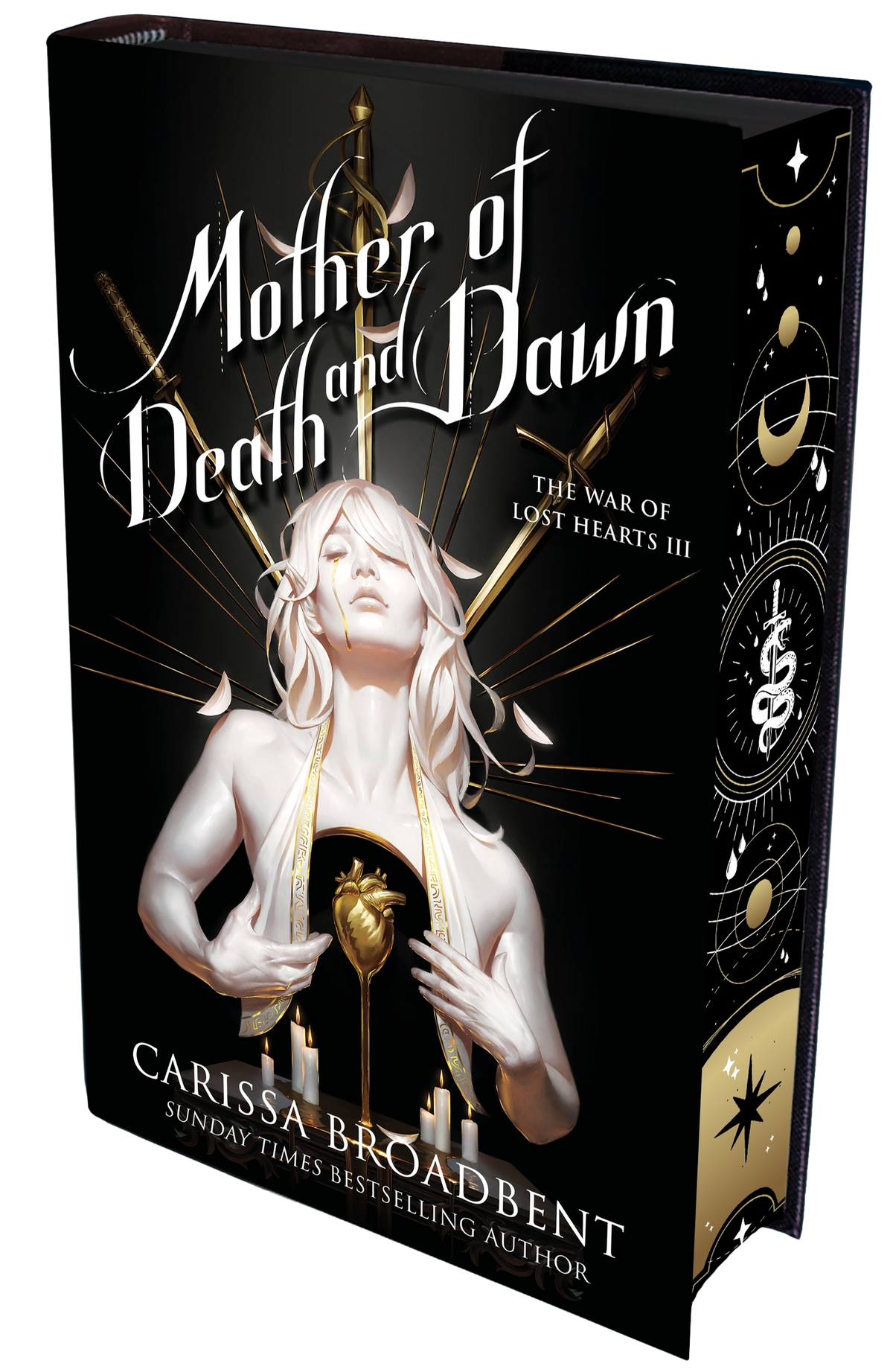 Book cover of 'Mother of Death and Dawn' featuring a pale gothic woman with an exposed gold heart