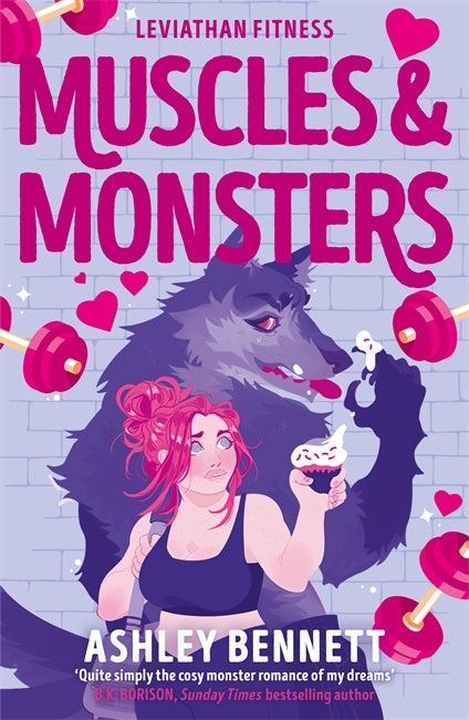 Book cover of 'Muscles & Monsters' by Leviathan Fitness with a woman and wolf design.
