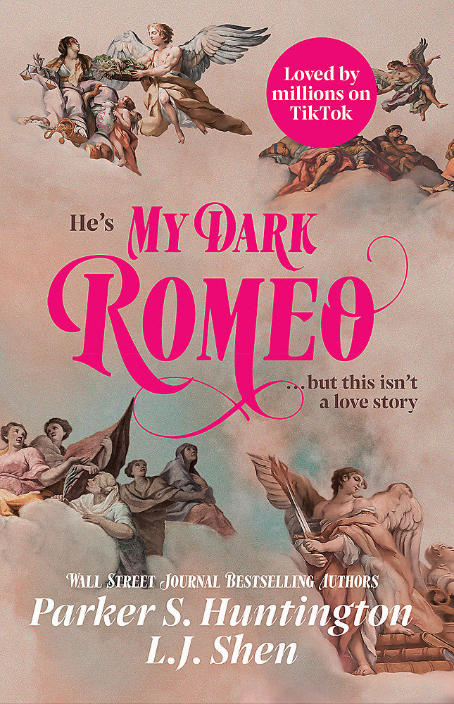 Book cover of 'My Dark Romeo' featuring illustrations of angels in the clouds 
