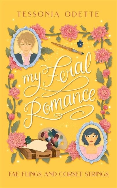 Book cover of 'My Feral Romance' with floral design and portraits on a yellow background.