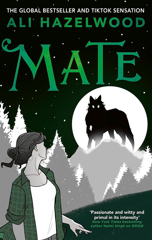 Book cover of 'Mate' by Ali Hazelwood with a woman and wolf silhouette against a moonlit sky.