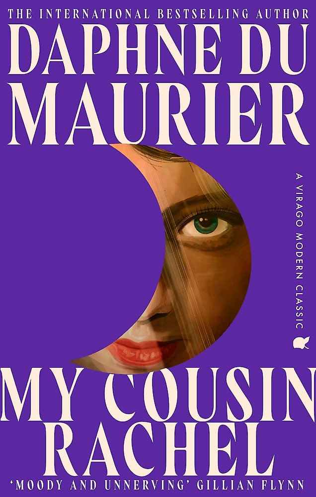 Book cover of 'My Cousin Rachel' by Daphne du Maurier with a purple background and a face cut in half.
