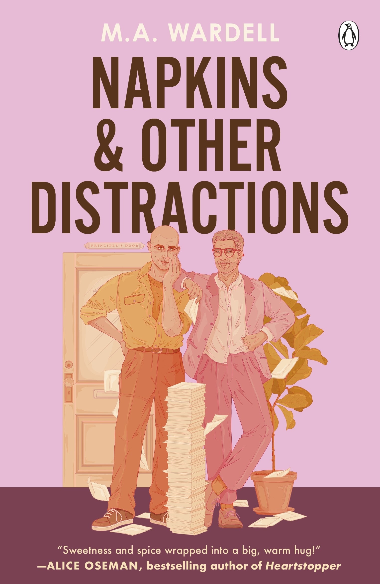 Book cover of 'Napkins & Other Distractions' with two men standing next to a stack of napkins on a pink background.