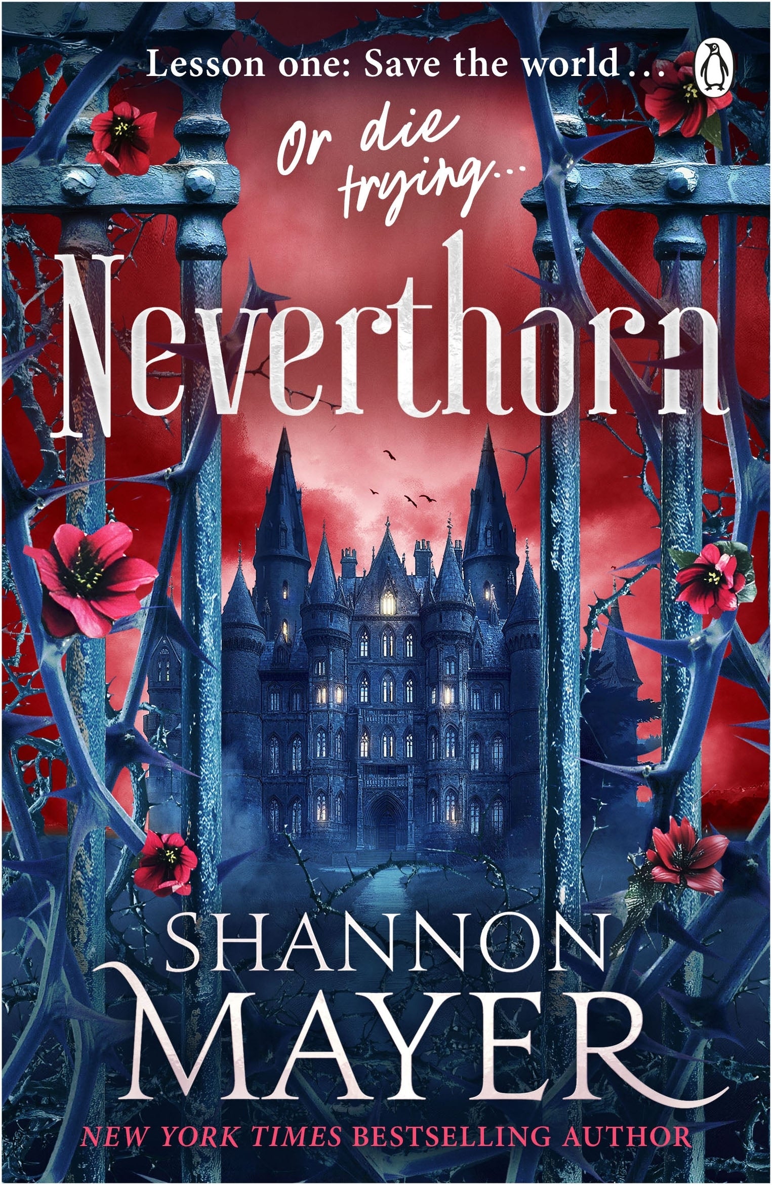 Book cover of 'Neverthorn' with a castle and flowers on a red background.