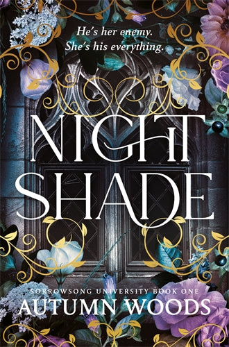 Book cover of 'Nightshade' featuring a dark window surrounded by purple flowers 