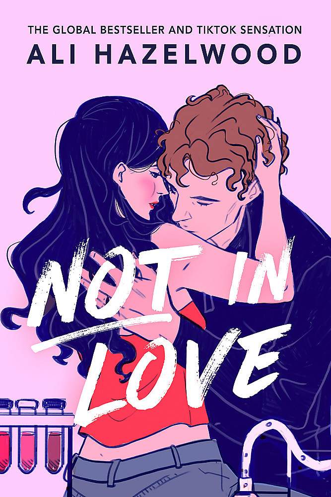 Book cover of 'Not in Love' featuring an illustration of a man and a woman embracing closely in a science lab 
