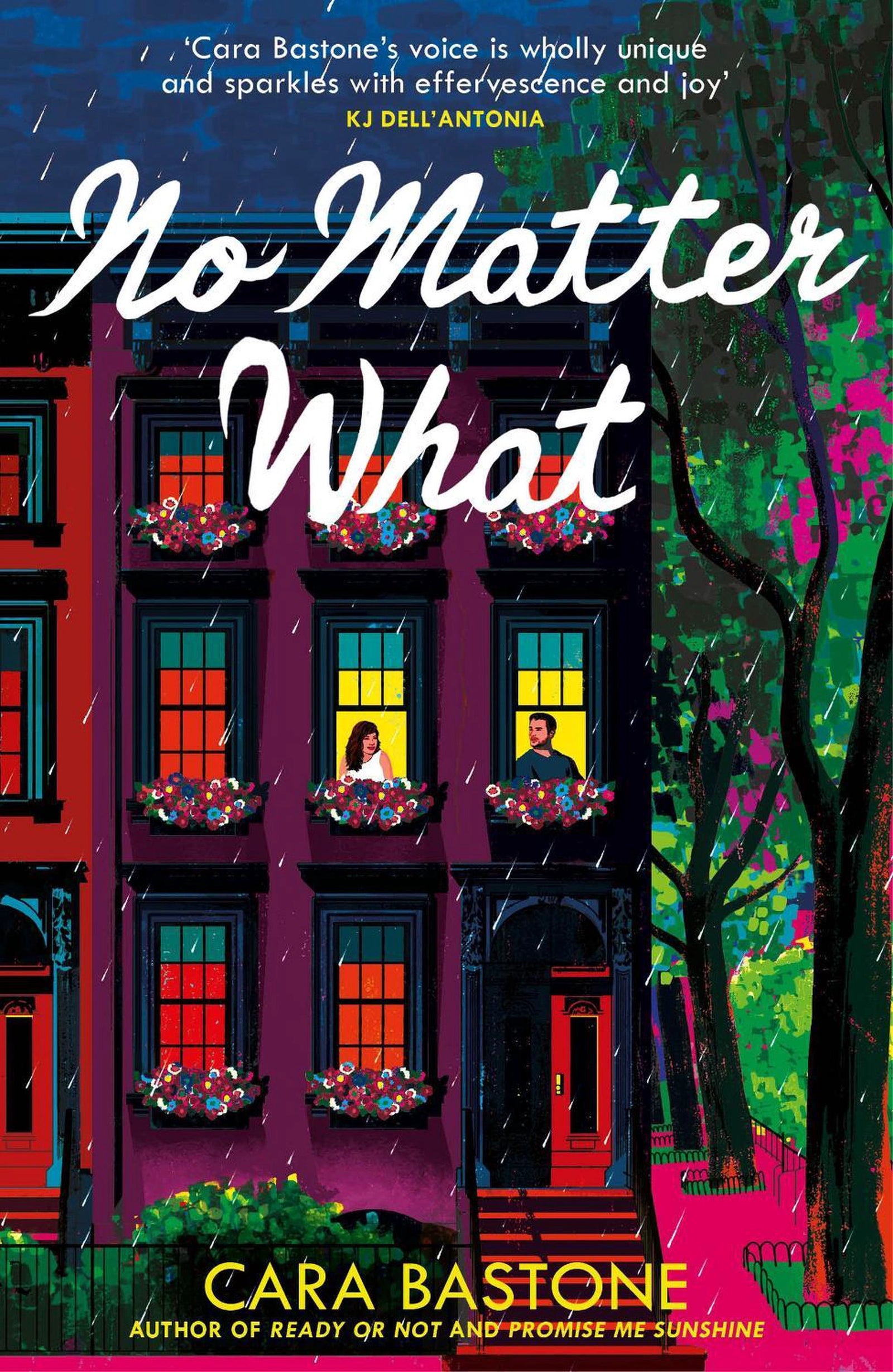 Book cover of 'No Matter What' with a colourful illustration of a building and people looking out their windows at each other