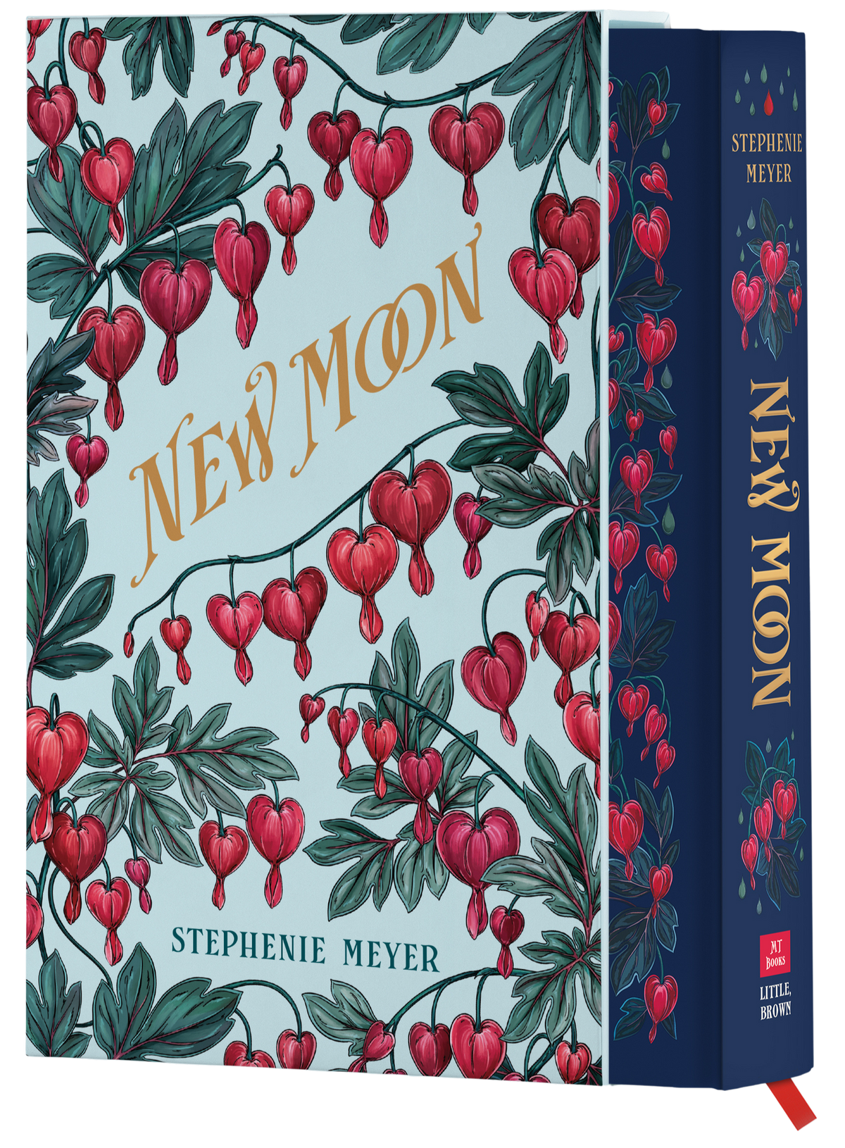 Book cover of 'New Moon' by Stephenie Meyer with floral design