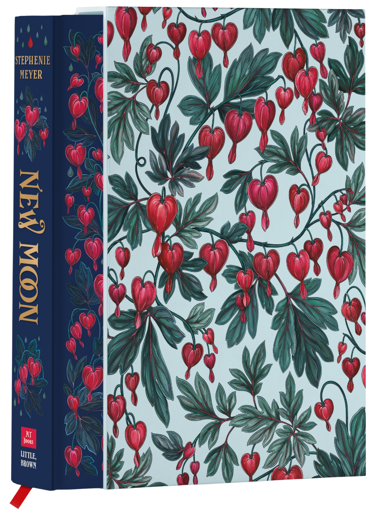 Book cover of 'New Moon' by Stephenie Meyer with a decorative design of red hearts and green leaves.