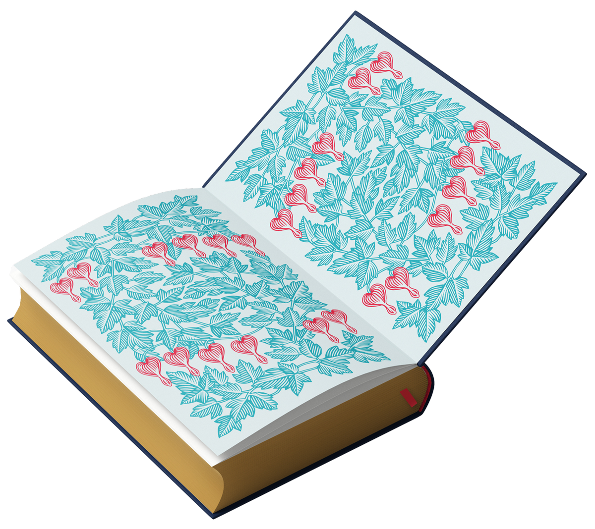 Open book with decorative pages featuring blue and pink floral patterns on a white background