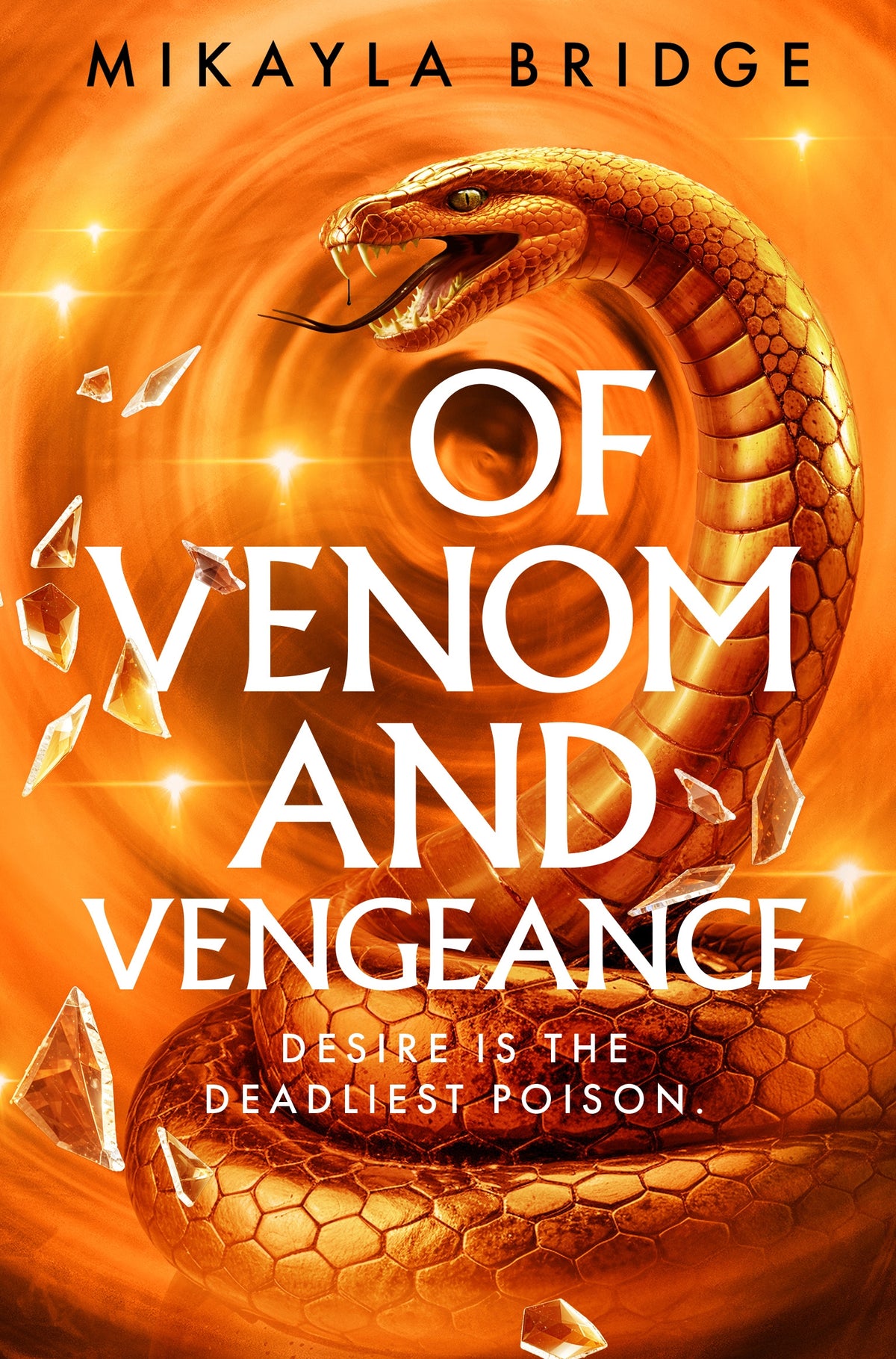 Book cover of 'Of Venom and Vengeance' with a gold snake on an orange background