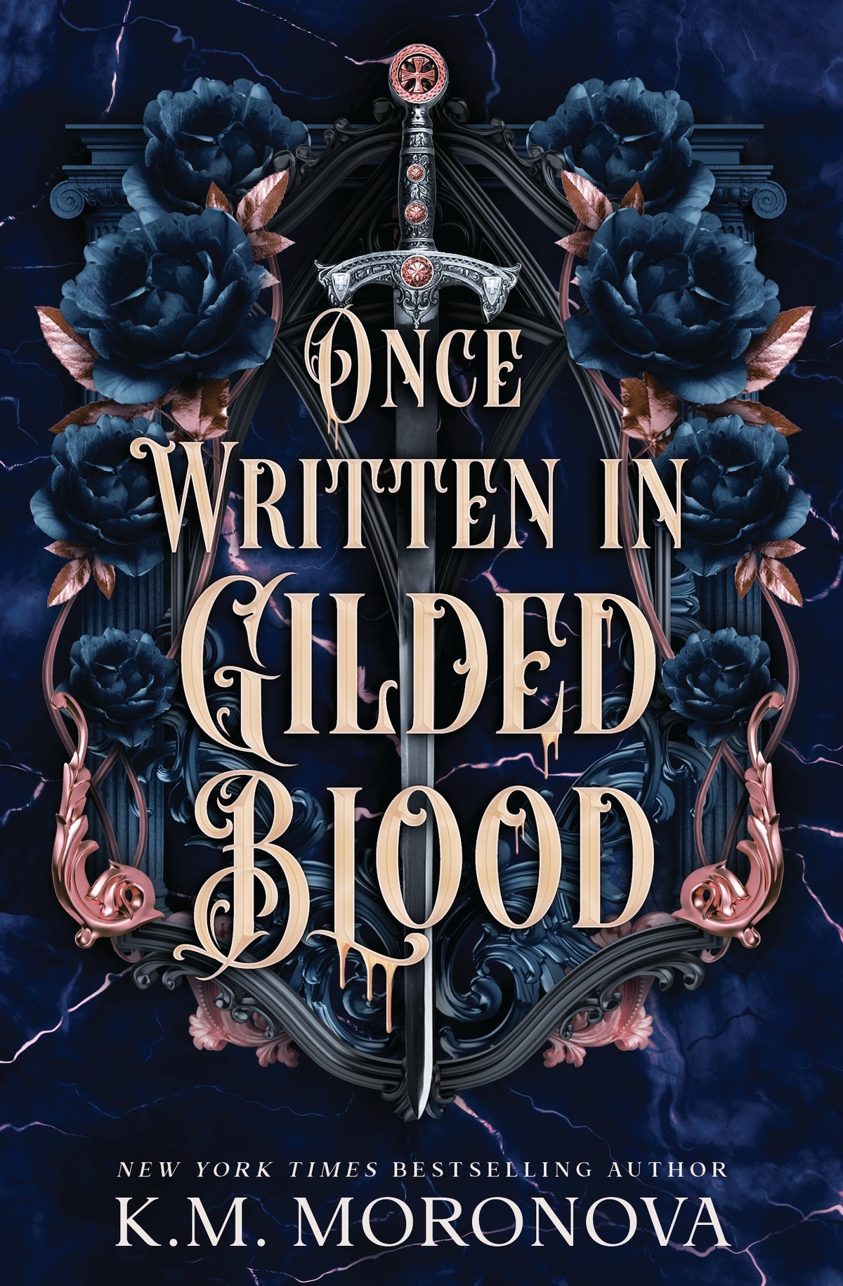 Book cover for 'Once Written in Gilded Blood' on a blue background with a sword and blue flowers 