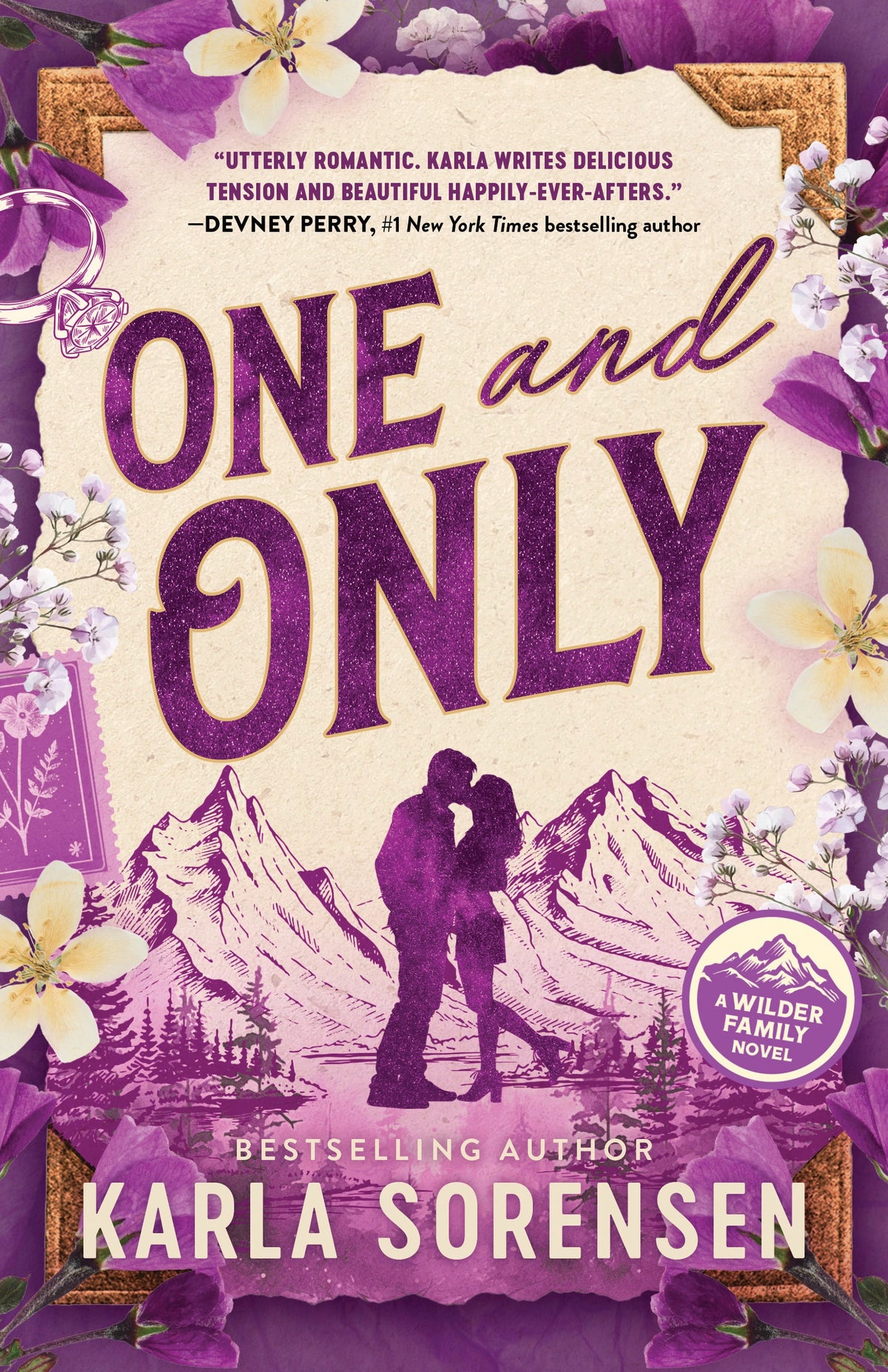 Book cover of 'One and Only' with the silhouette of a couple and mountains, surrounded by flowers