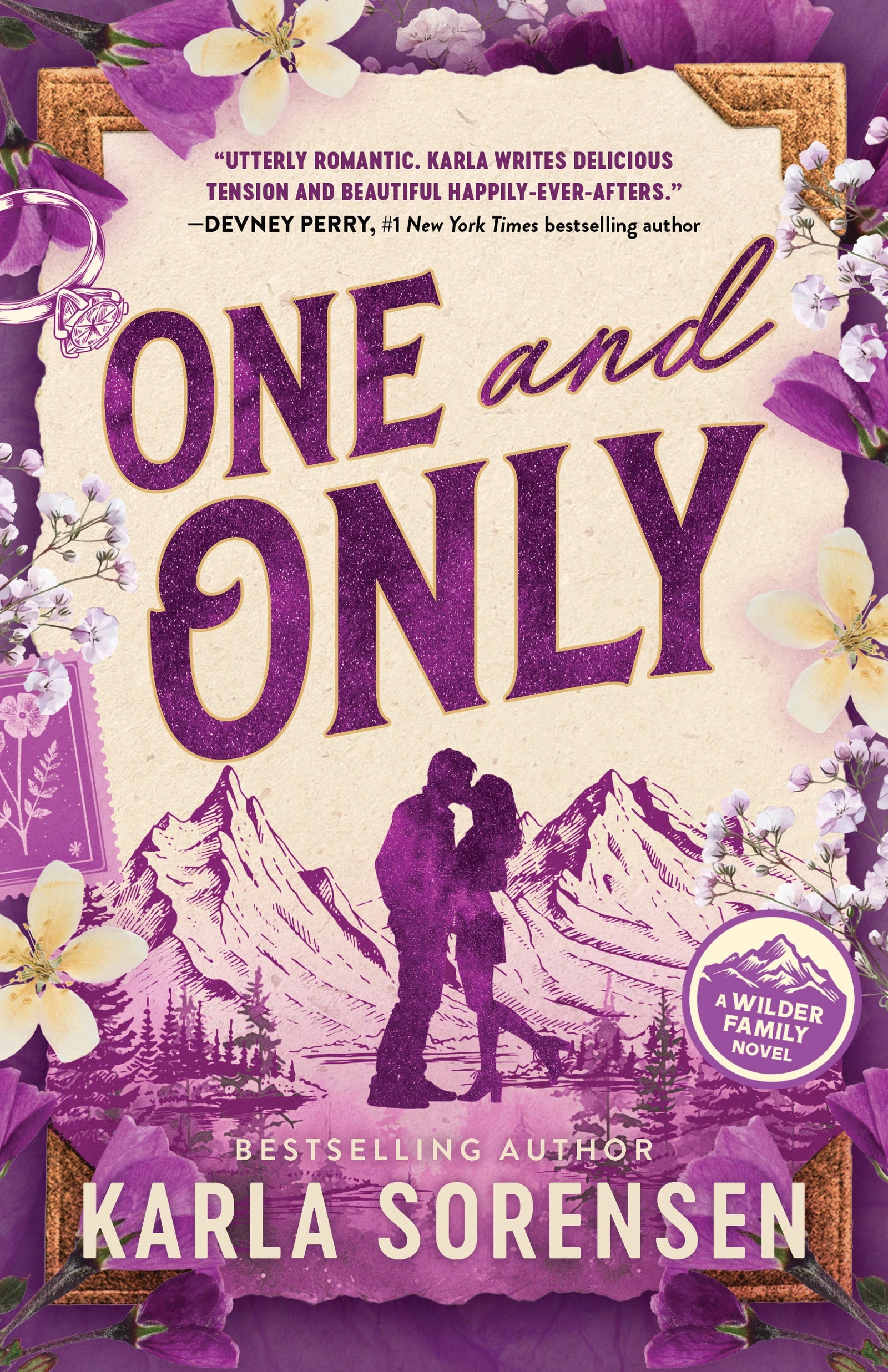 Book cover of 'One and Only' with the silhouette of a couple and mountains, surrounded by flowers