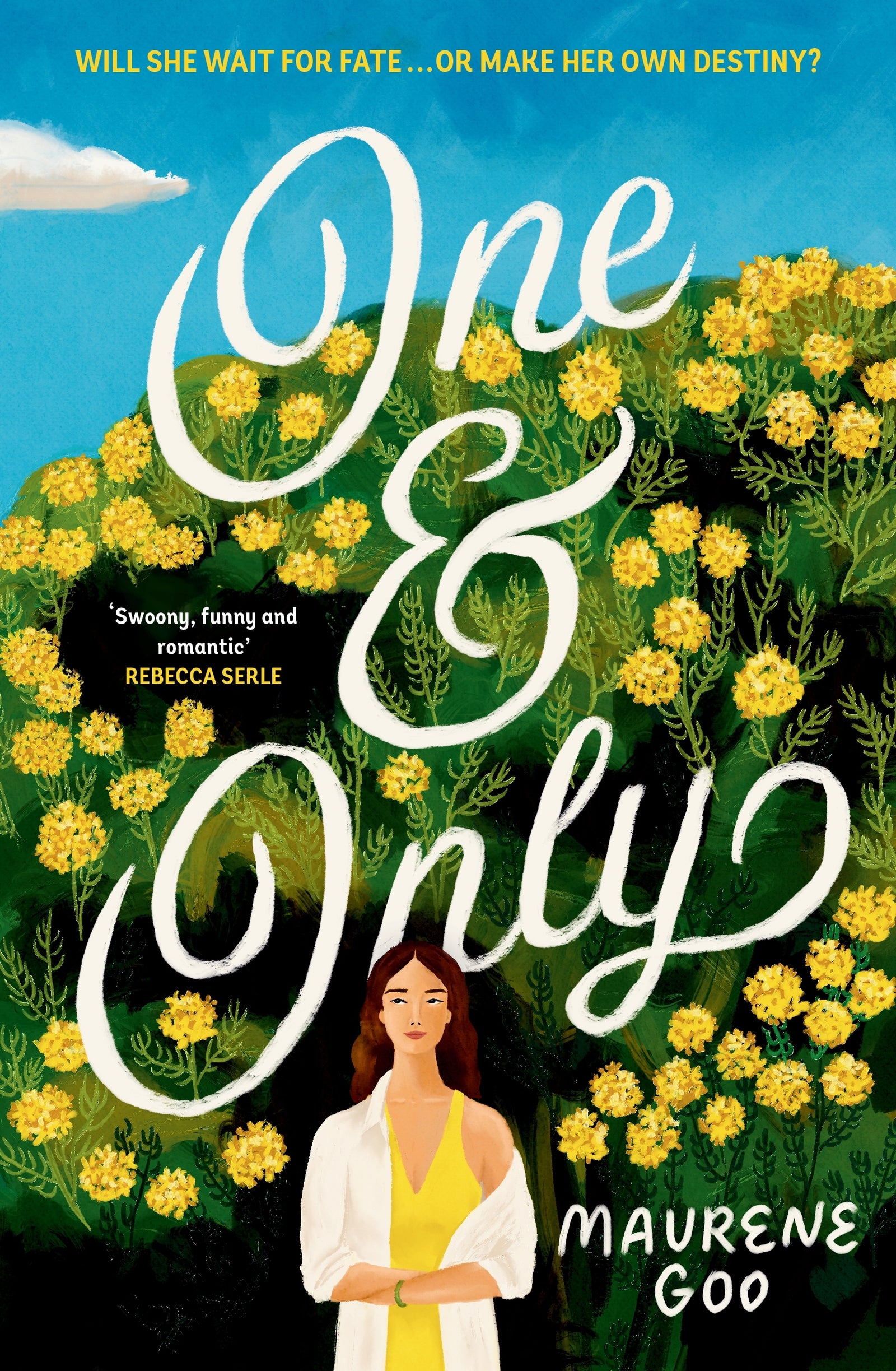 Book cover of 'One & Only' with a woman standing among yellow flowers and greenery.