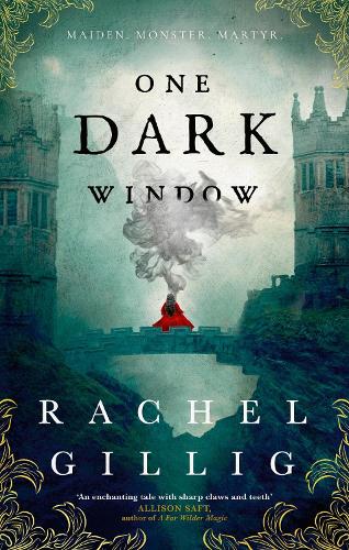 Book cover of 'One Dark Window' featuring a gothic scene with a woman in a red dress standing in front of a dark, misty castle