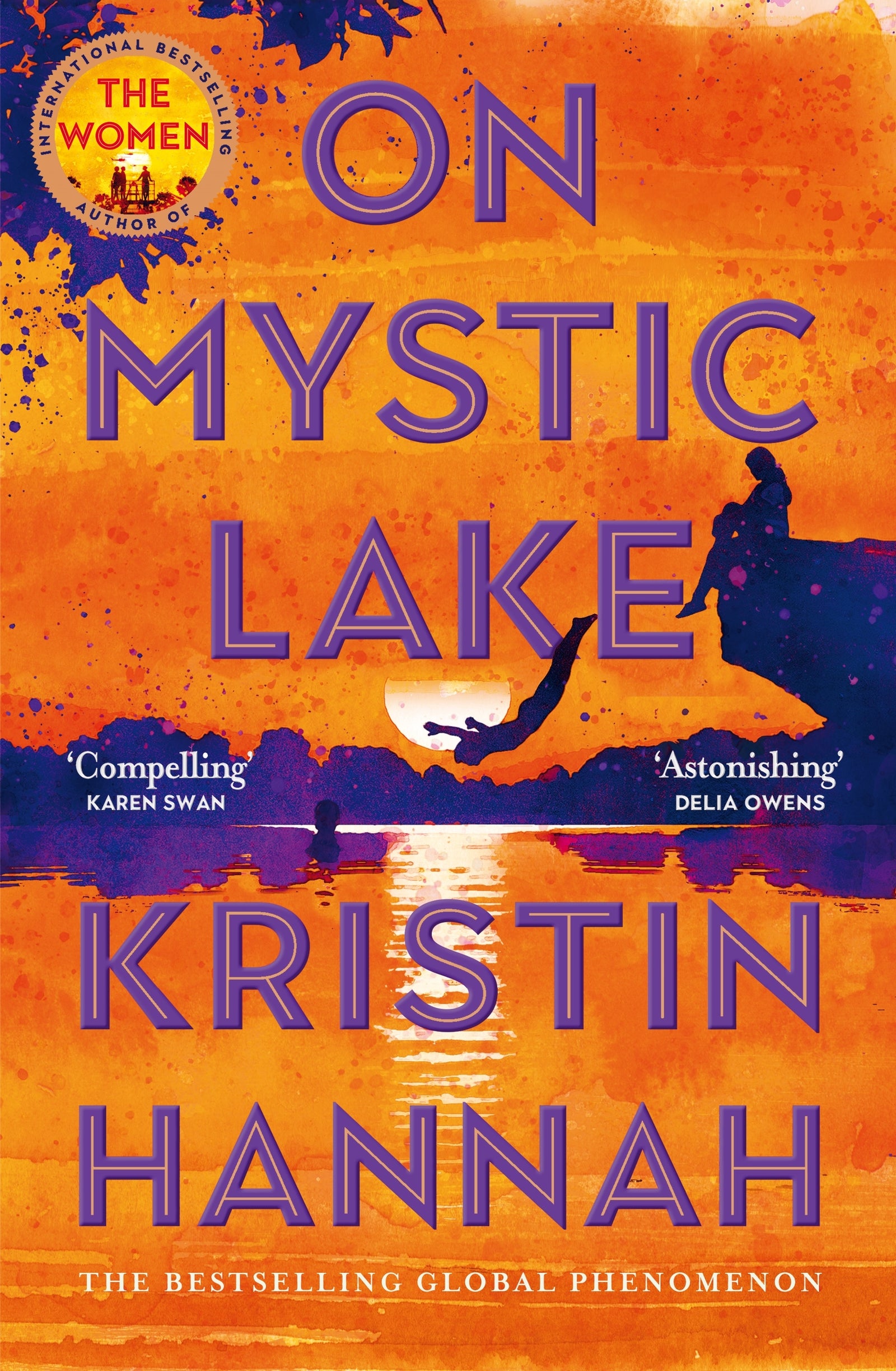 Book cover of 'On Mystic Lake' by Kristin Hannah with an orange and purple swimming scene.